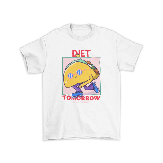 Áo thun và hoodie in hình taco hoạt hình mệt mỏi cùng dòng chữ “DIET TOMORROW – ENJOY TODAY” trên nền màu pastel hài hước