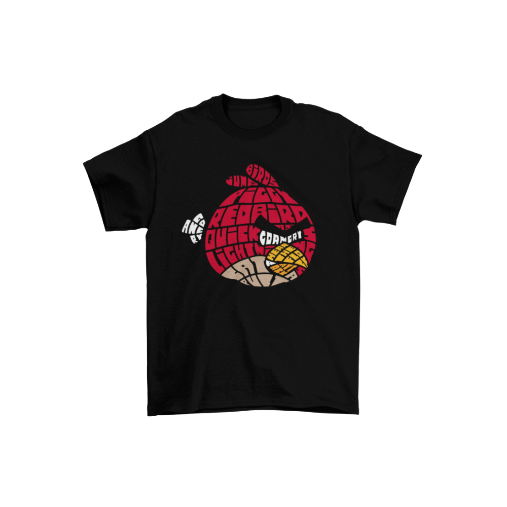 Black t-shirt with colorful graphic design on a white background