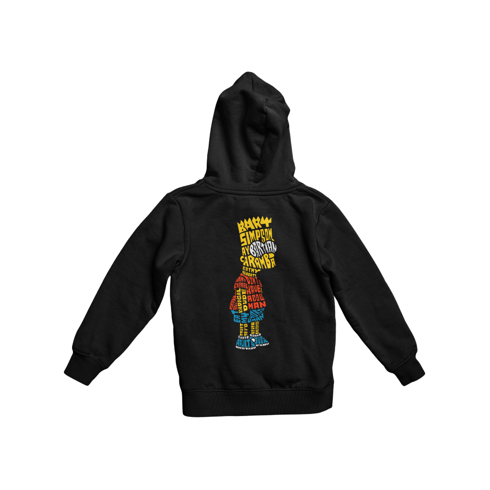 Áo thun Bart Simpson phong cách typography với các từ khóa nổi bật như “CARAMBA”, “SKATE”, “RADICAL”, “DUDE”, “EAT MY SHORTS”.