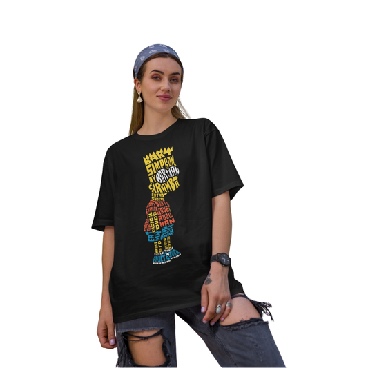 Áo thun Bart Simpson phong cách typography với các từ khóa nổi bật như “CARAMBA”, “SKATE”, “RADICAL”, “DUDE”, “EAT MY SHORTS”.