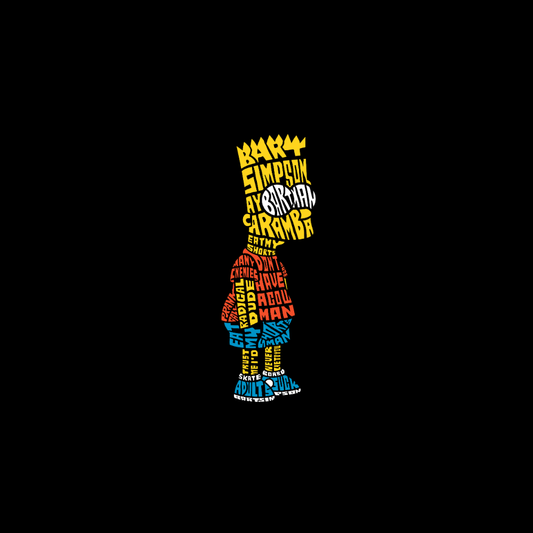 Áo thun Bart Simpson phong cách typography với các từ khóa nổi bật như “CARAMBA”, “SKATE”, “RADICAL”, “DUDE”, “EAT MY SHORTS”.
