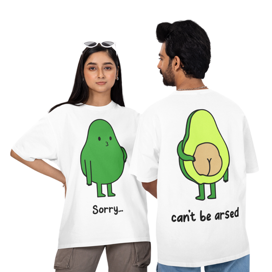 Two people wearing white t-shirts with avocado graphics and text.