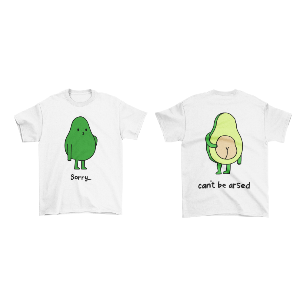 Two white t-shirts with avocado illustrations and humorous text on a white background