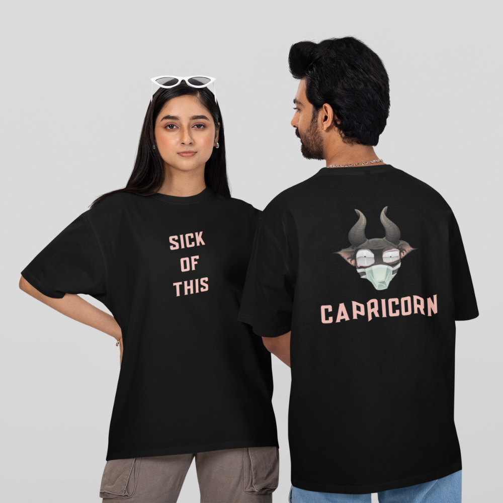 Áo hoodie và áo thun cung Ma Kết với slogan “Sick of this”, hình chú dê đeo khẩu trang và kính phản chiếu “cuộc đời mệt mỏi”.