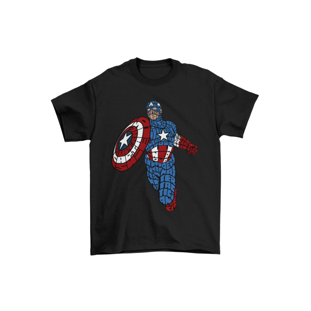 Áo thun in hình Captain America với thiết kế typography ghép chữ tạo hình nhân vật và chiếc khiên biểu tượng