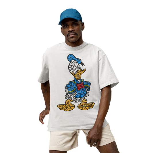 Áo thun hình chú vịt Donald Duck thiết kế typography từ các từ khóa như “DONALD”, “DUCK”, “GRUMPY”, “SHORT TEMPER”.