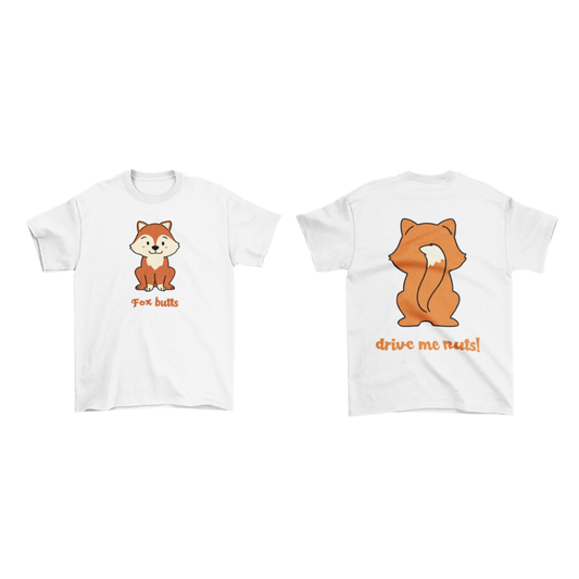 Two white t-shirts with fox illustrations and humorous text on a white background