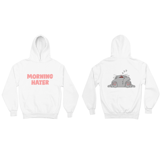 White hoodie with 'Morning Hater' text on front and cartoon character on back