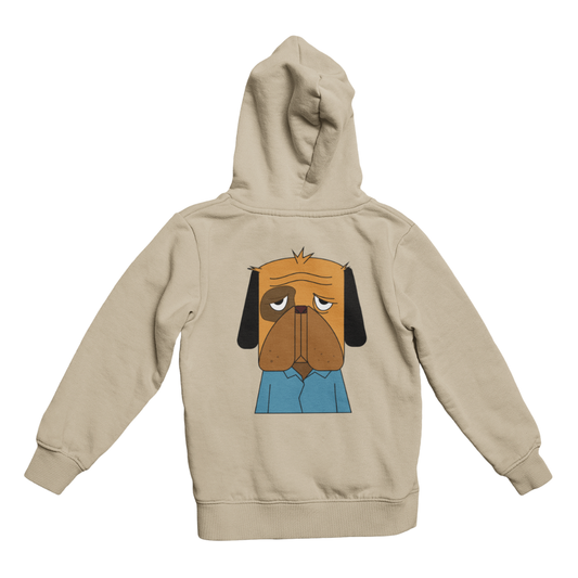 Beige hoodie with a cartoon dog design on a white background