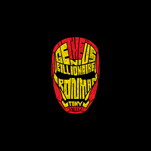 Áo thun in hình Iron Man bằng typography vàng đỏ – phong cách Tony Stark ngầu lòi.