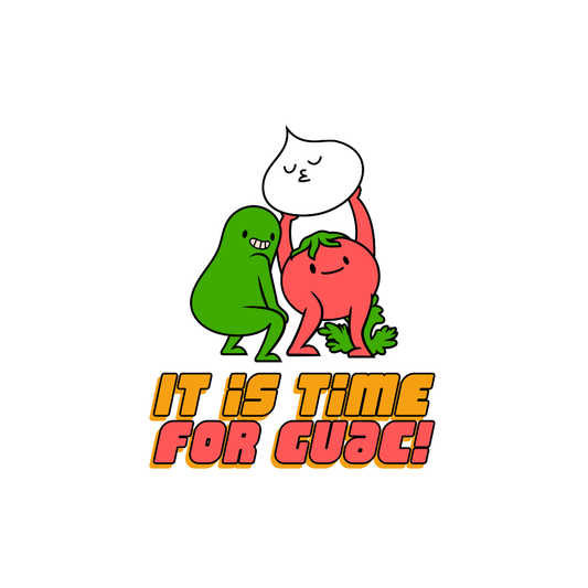 Áo thun, hoodie và sweater in hình ba nguyên liệu bơ, cà chua, hành tạo hình hoạt hình hài hước với dòng chữ “It Is Time For Guac!”