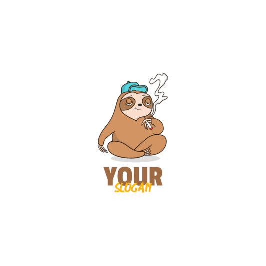 Cartoon sloth smoking a cigarette with 'YOUR SLOGAN' text on a white background