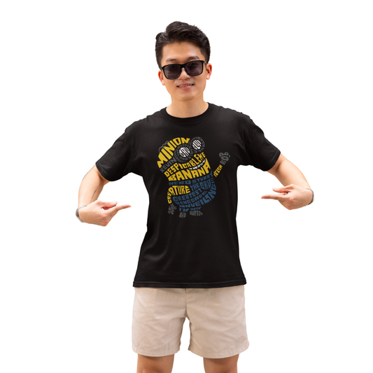 Áo thun in hình Minion được tạo bởi các từ khóa typography như “BANANA”, “Gru”, “Kevin”, “Villain” trên nền đen.