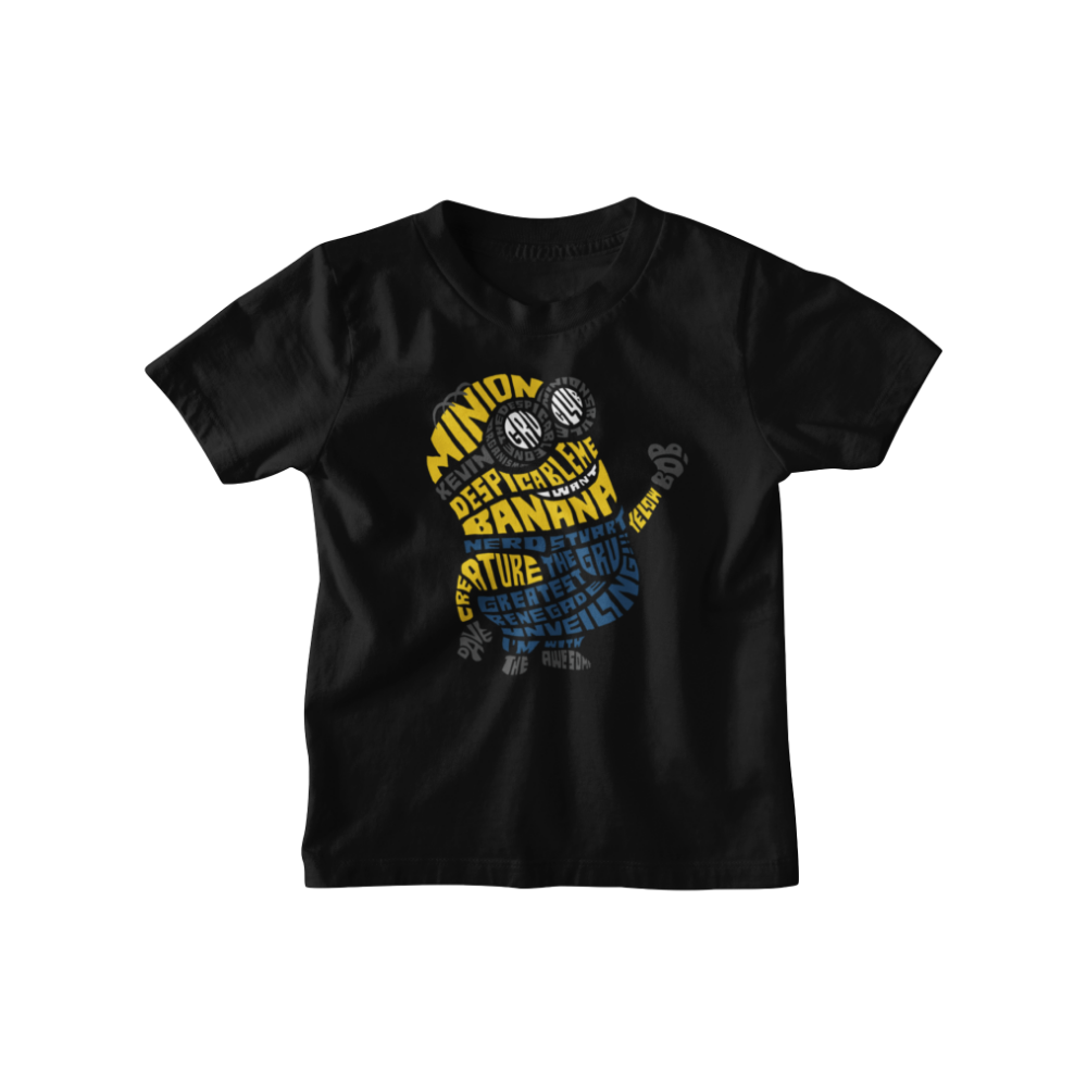 Áo thun in hình Minion được tạo bởi các từ khóa typography như “BANANA”, “Gru”, “Kevin”, “Villain” trên nền đen.