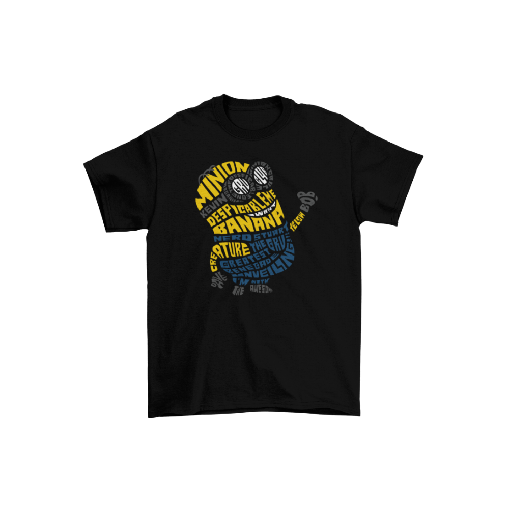 Áo thun in hình Minion được tạo bởi các từ khóa typography như “BANANA”, “Gru”, “Kevin”, “Villain” trên nền đen.