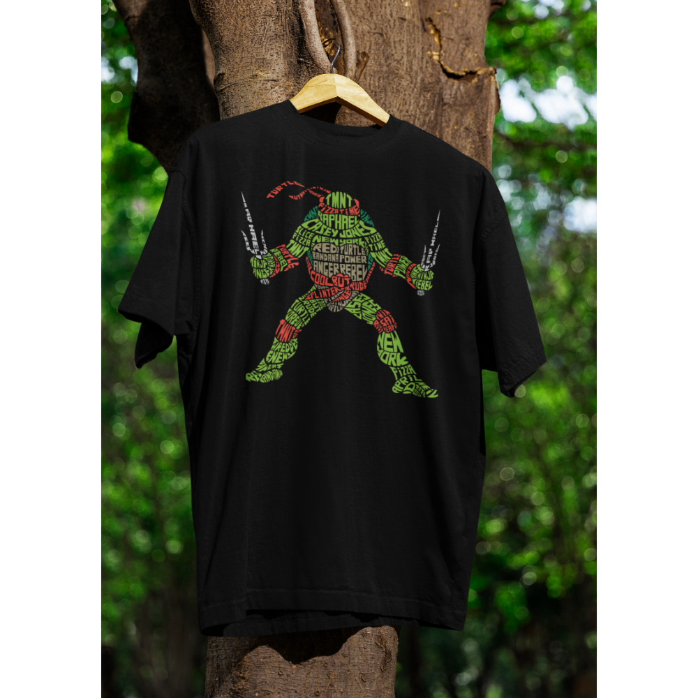 Black t-shirt with a graphic design of a character holding swords, hanging on a wooden hanger against a natural background.