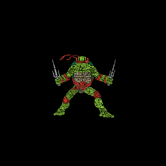 Áo thun in hình Raphael (Ninja Rùa) với kiểu chữ tạo hình độc đáo gồm các từ như “TMNT”, “Raphael”, “Red Turtle”, “Pizza”, “Anger”, “Cool Dude”.
