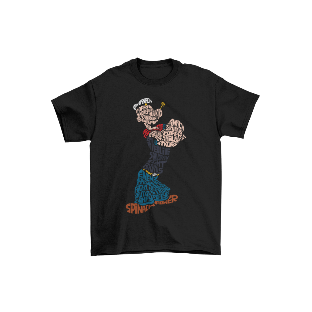Áo thun hình Popeye tạo hình bằng chữ, phong cách typography sáng tạo, màu sắc nổi bật