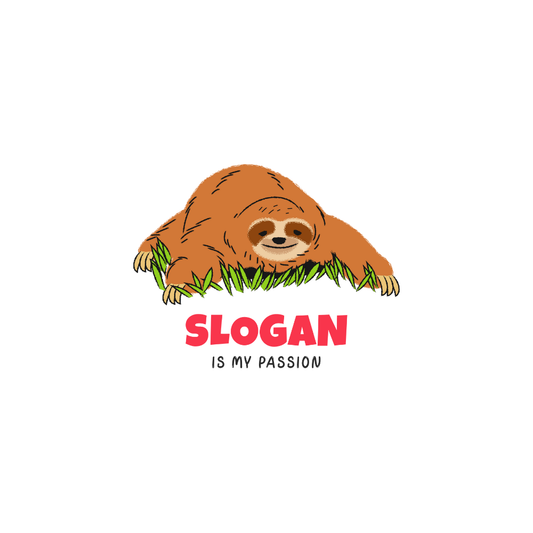 Cartoon sloth on grass with 'SLOGAN IS MY PASSION' text on a white background