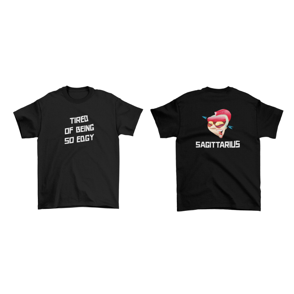 Two black t-shirts with text and graphics on a white background