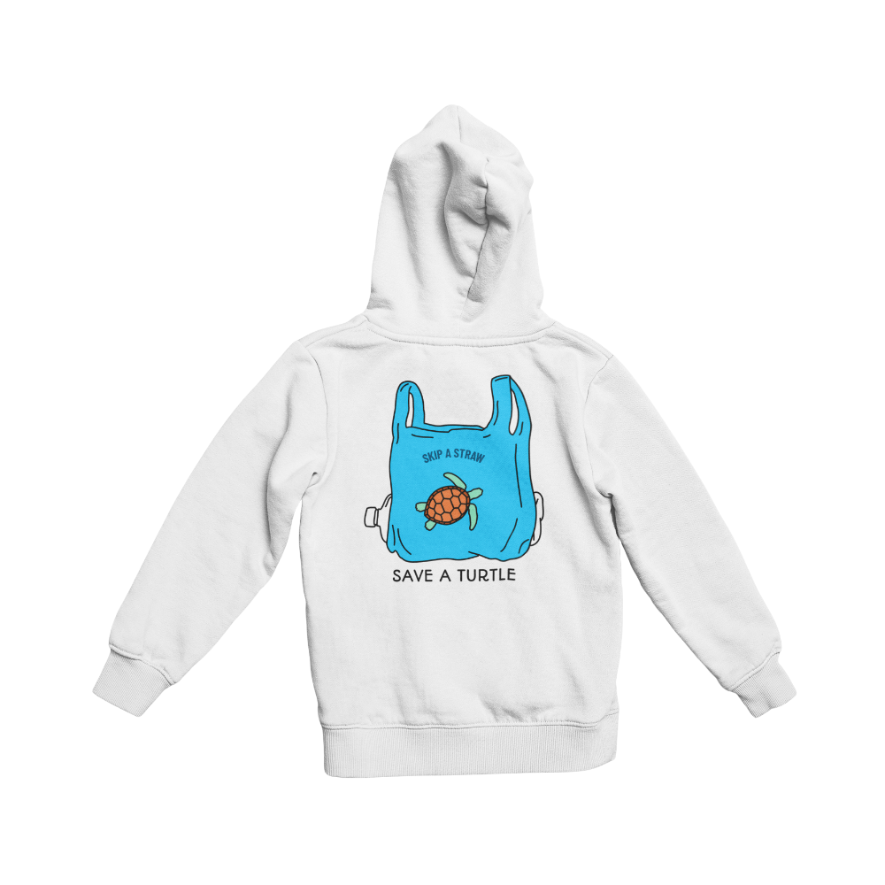 White hoodie with a blue bag and turtle graphic on the back, on a white background
