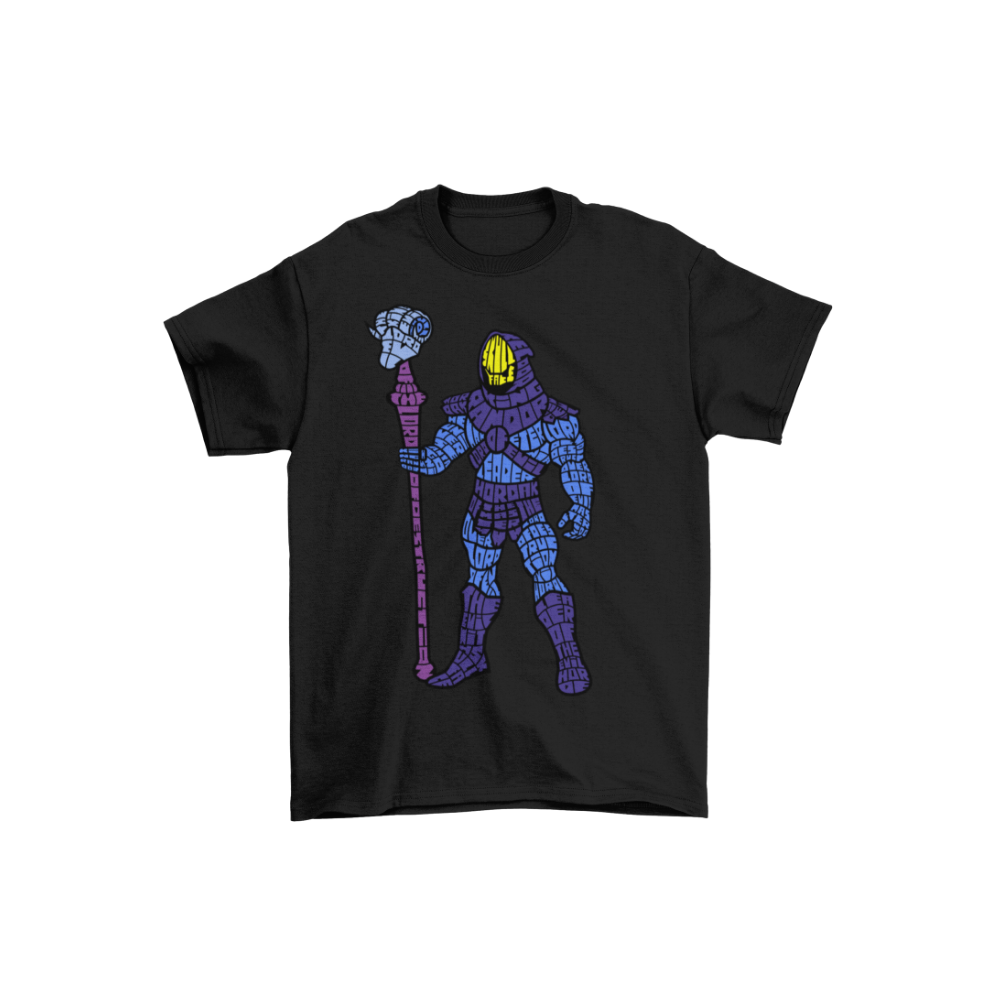 Áo thun in hình Skeletor phong cách typography màu tím xanh, cầm quyền trượng, tạo hình cool ngầu