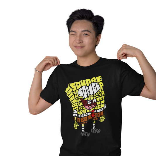Person wearing a black t-shirt with colorful graphic design on a white background
