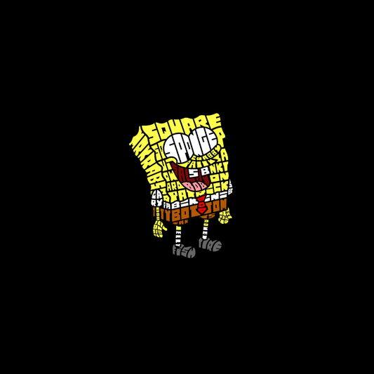 Áo thun in hình SpongeBob kiểu typography – nhân vật màu vàng với nụ cười phấn khích, đầy từ khóa sáng tạo.