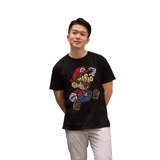 Áo thun in hình Super Mario bằng typography màu đỏ, nâu và xanh – thiết kế phong cách retro độc đáo.