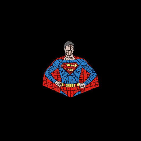 Áo thun in hình Superman bằng typography màu xanh đỏ nổi bật – phong cách siêu anh hùng.
