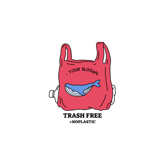 Red plastic bag with whale design and 'Trash Free' text on a white background