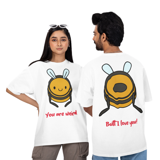 Two people wearing white t-shirts with a bee graphic and text on a white background