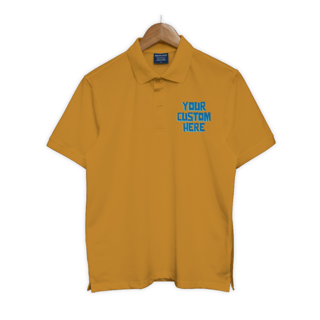 Bộ sưu tập áo polo unisex với dòng chữ tùy chỉnh “Your Custom Here” ở ngực trái, nhiều màu sắc: đen, trắng, xanh, đỏ, be, hồng, tím...