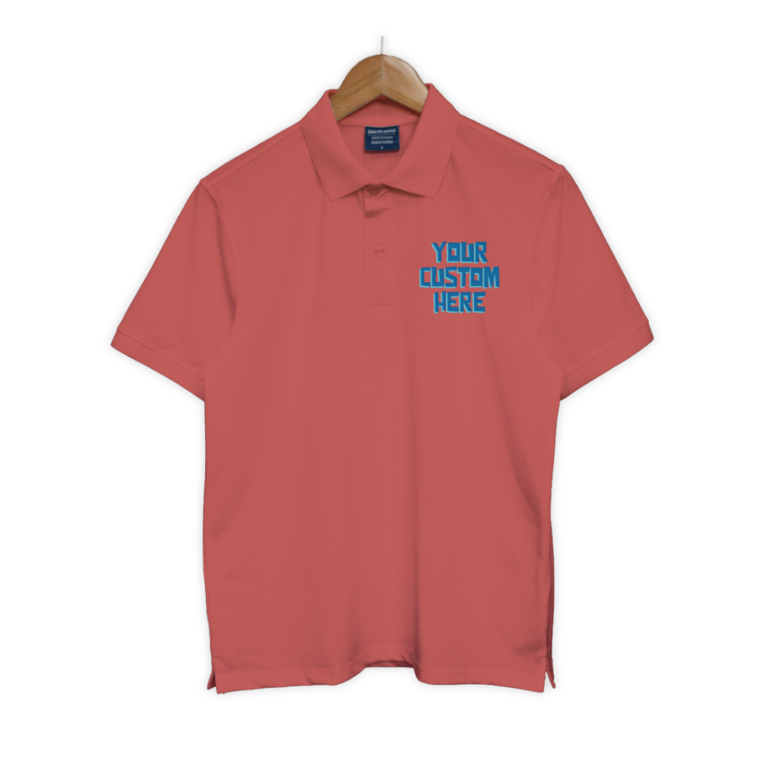 Bộ sưu tập áo polo unisex với dòng chữ tùy chỉnh “Your Custom Here” ở ngực trái, nhiều màu sắc: đen, trắng, xanh, đỏ, be, hồng, tím...