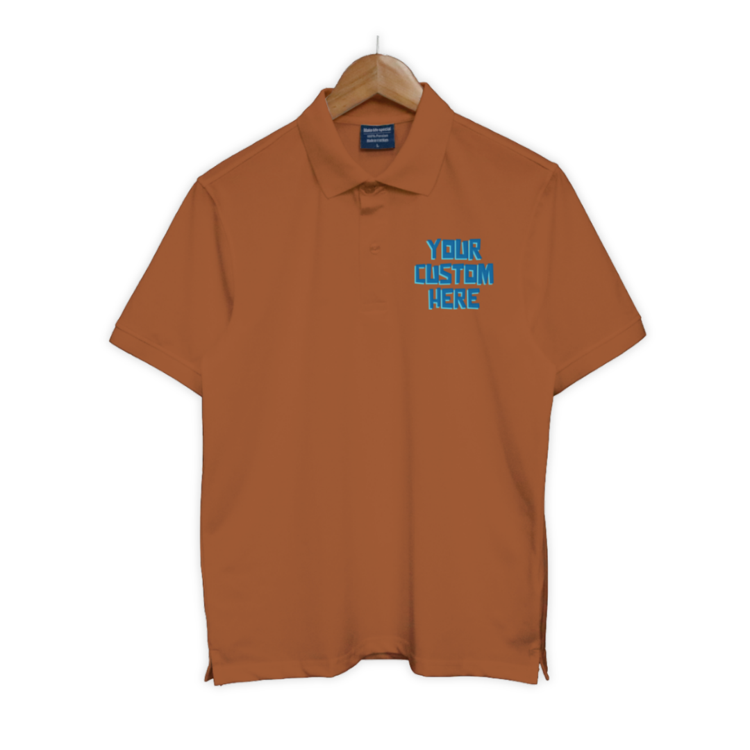 Bộ sưu tập áo polo unisex với dòng chữ tùy chỉnh “Your Custom Here” ở ngực trái, nhiều màu sắc: đen, trắng, xanh, đỏ, be, hồng, tím...