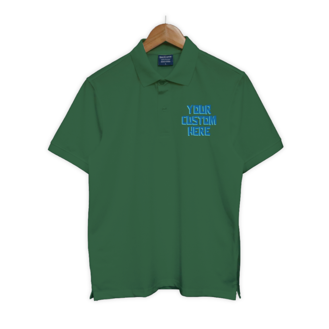 Bộ sưu tập áo polo unisex với dòng chữ tùy chỉnh “Your Custom Here” ở ngực trái, nhiều màu sắc: đen, trắng, xanh, đỏ, be, hồng, tím...