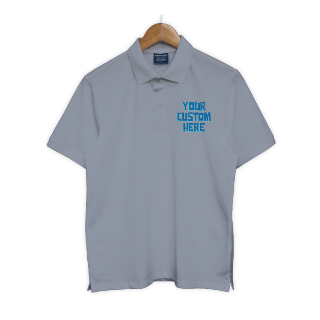 Bộ sưu tập áo polo unisex với dòng chữ tùy chỉnh “Your Custom Here” ở ngực trái, nhiều màu sắc: đen, trắng, xanh, đỏ, be, hồng, tím...