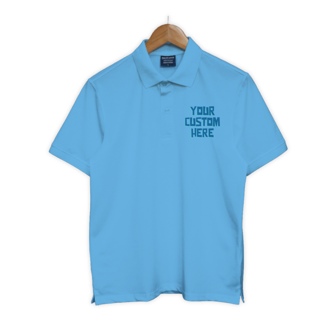 Bộ sưu tập áo polo unisex với dòng chữ tùy chỉnh “Your Custom Here” ở ngực trái, nhiều màu sắc: đen, trắng, xanh, đỏ, be, hồng, tím...