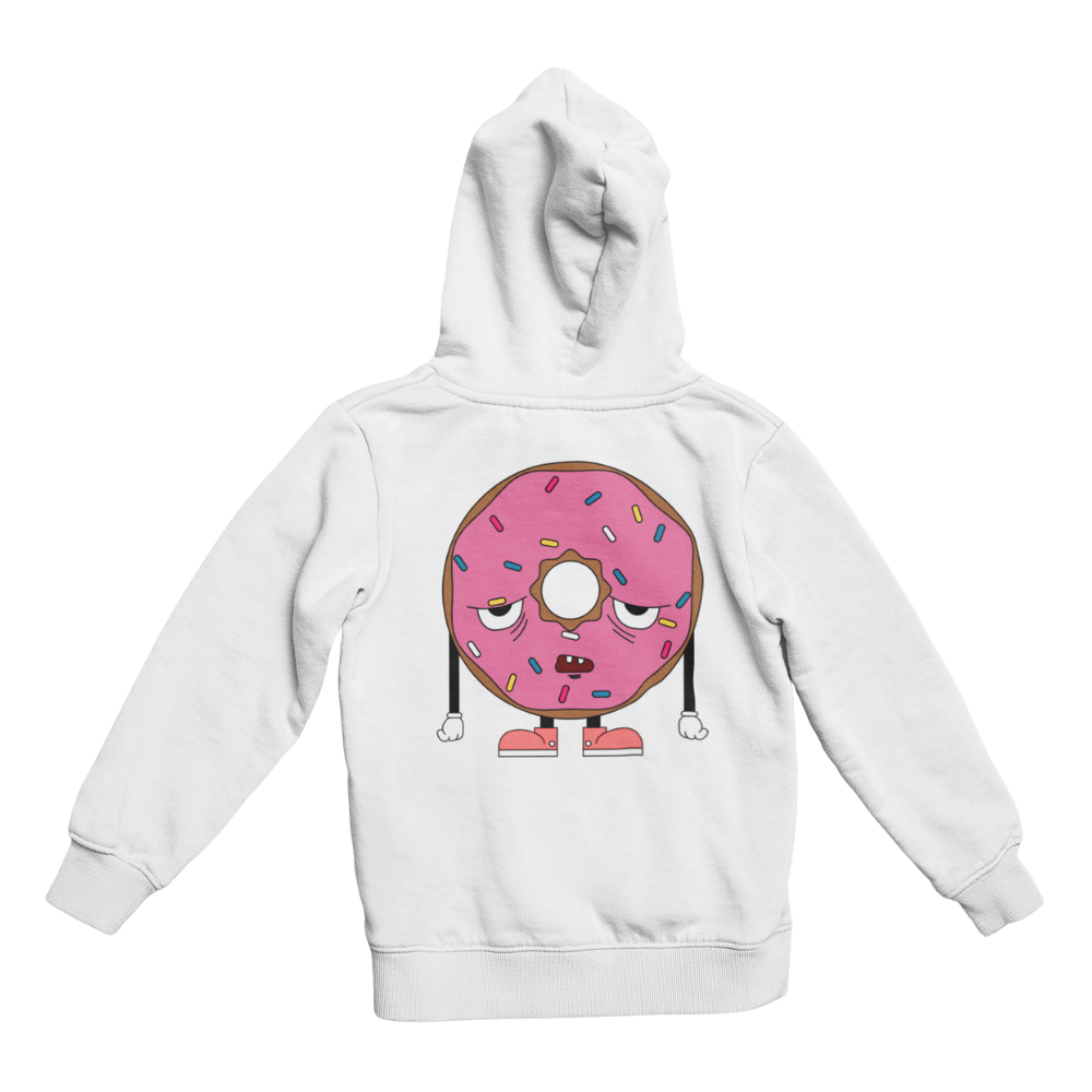 Áo hoodie trắng in dòng chữ "THE WEEK SHOULD ONLY HAVE 2 DAYS" và hình bánh donut hồng uể oải mặt sau.