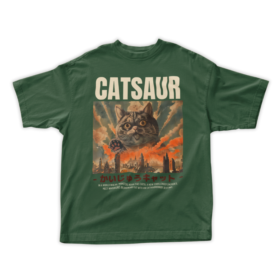 Green t-shirt with a graphic design of a cat and text on a white background ao-in-hinh-meo-quai-vat-kaiju-style