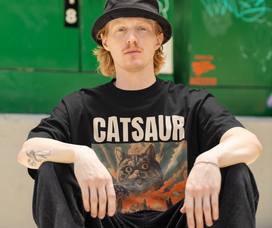 Person wearing a black t-shirt with 'CATSAUR' and a cat graphic, sitting against a green wall.