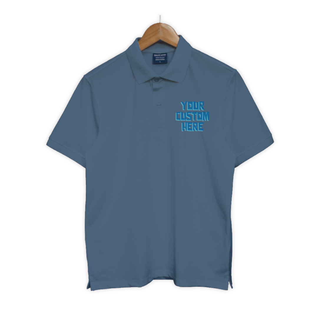 Bộ sưu tập áo polo unisex với dòng chữ tùy chỉnh “Your Custom Here” ở ngực trái, nhiều màu sắc: đen, trắng, xanh, đỏ, be, hồng, tím...