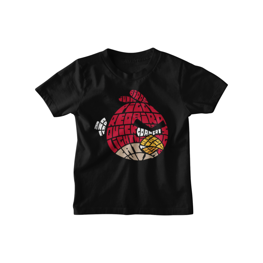 Áo thun hình Red Angry Bird tạo từ chữ như “RED BIRD”, “ANGRY”, “PIGGY”, “LIGHTNING”, “QUICK” siêu ngầu trên nền đen.