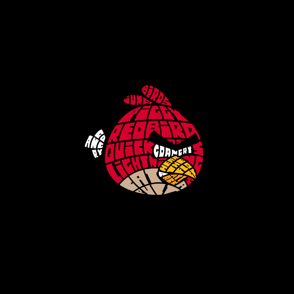 Logo with text and a graphic of a face on a black background