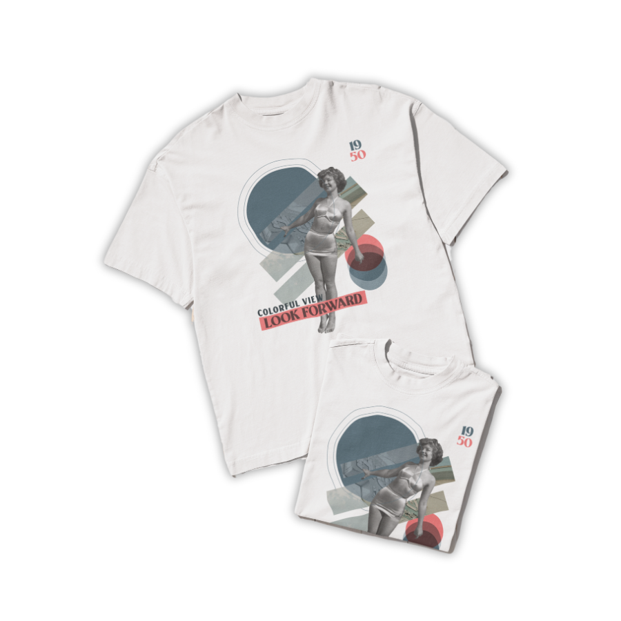 Áo thun trắng unisex in hình người mẫu thập niên 50s kết hợp các khối hình học màu retro, dòng chữ “LOOK FORWARD – 1950”, thuộc BST Vintage Vibes của Vitamin Tee.
