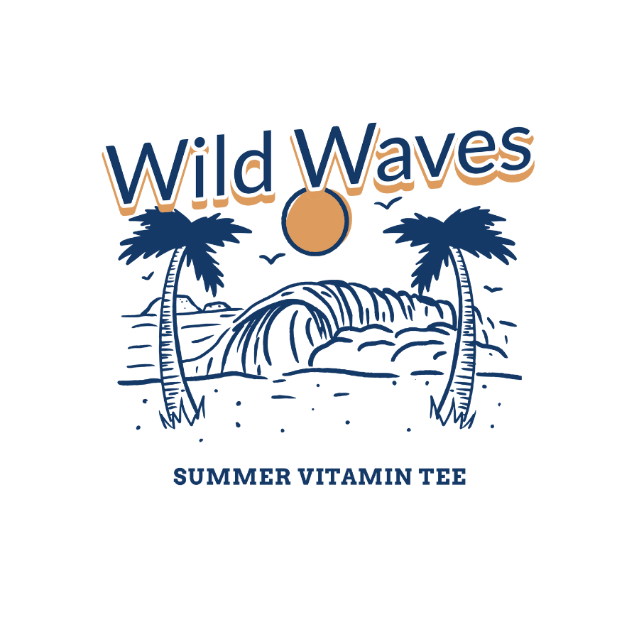 Ảnh áo thun trắng in hình sóng biển, cây dừa và mặt trời cam, dòng chữ "Wild Waves – Summer Vitamin Tee", phong cách tối giản mang vibe mùa hè.