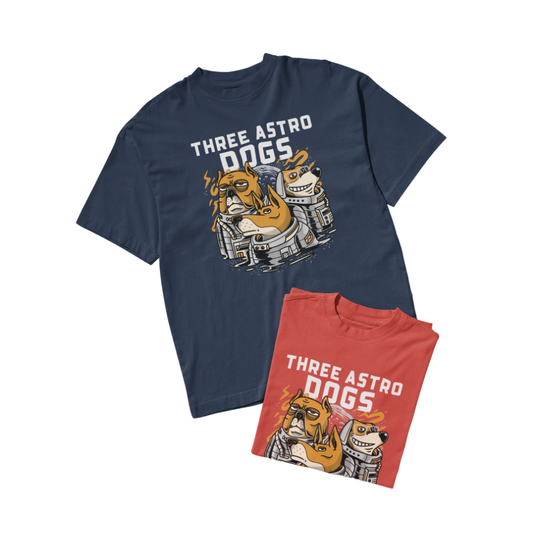 Áo thun navy và cam in hình ba chú chó mặc đồ phi hành gia, phong cách hoạt hình hài hước, chữ “THREE ASTRO DOGS” nổi bật, vibe không gian vui nhộn.