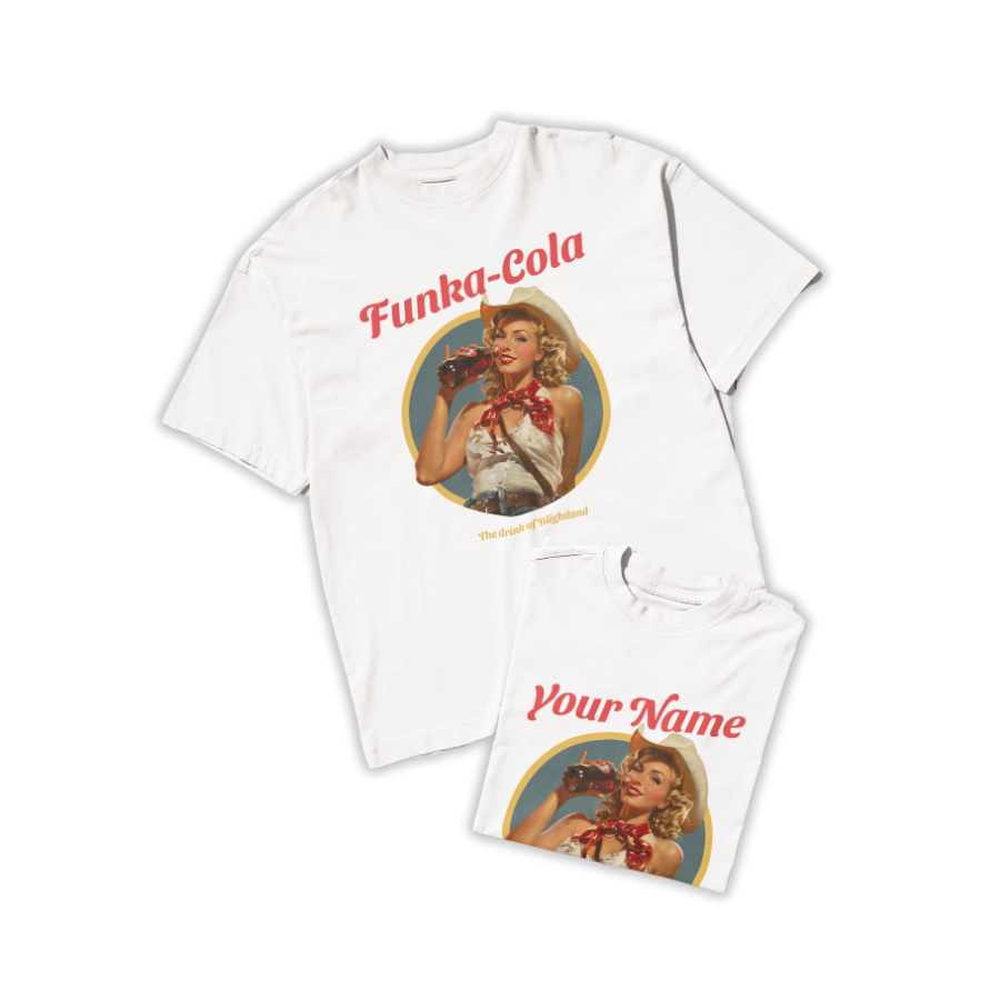 Áo thun trắng in hình cô gái retro uống cola, phong cách vintage Mỹ 1950s, có thể thay dòng chữ “Funka-Cola” bằng tên riêng hoặc slogan tùy chọn.