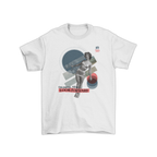 Áo thun trắng unisex in hình người mẫu thập niên 50s kết hợp các khối hình học màu retro, dòng chữ “LOOK FORWARD – 1950”, thuộc BST Vintage Vibes của Vitamin Tee.