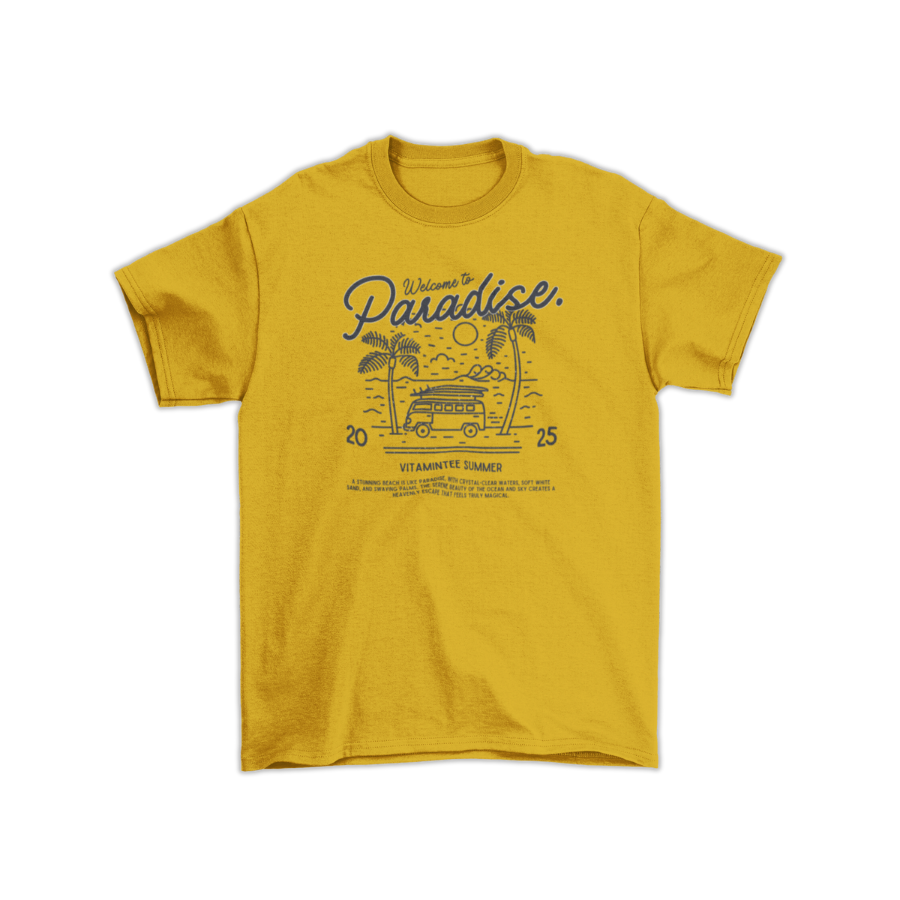 Áo thun trắng và vàng mustard in hình xe buýt giữa rặng dừa và biển, slogan “Welcome to Paradise – Vitamintee Summer 2025”, phong cách du lịch tự do và chill.